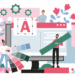 A cartoon representing the abstract concept of rebranding. On top of a desk, an illustrated woman holds different color palette samples, a man holds a ruler, and a third adult hangs over a computer screen above holding an image of the letter “A”. Busy illustrations of gears, tools, and more fill up the rest of the space.